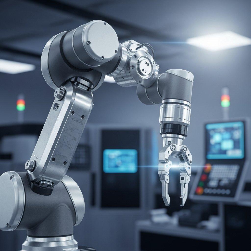 A high-resolution artistic rendering of a sleek, futuristic robotic arm crafted from intricately designed metallic CNC machined components. The image emphasizes the precision and complexity achievable with custom parts, set against a blurred background of a modern manufacturing environment.