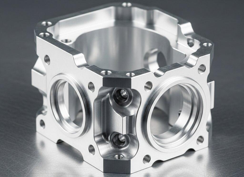 Präzision erreichen: Toleranzkontrolle & Qualitätssicherung bei Aluminium-CNC-Bearbeitung 1 Ein hochauflößiges, künstlerisches Studiofoto eines perfekt bearbeiteten komplexen Aluminiumteils, möglicherweise ein Luft- und Raumfahrtkomponent oder Gehäuse für medizinische Geräte. Das Bild hebt die filigranen Details, scharfen Kanten, präzisen Löcher und eine makellose, spiegelähnliche Oberflächenbeschaffenheit hervor, die auf einer gebürsteten Metalloberfläche ruhen.