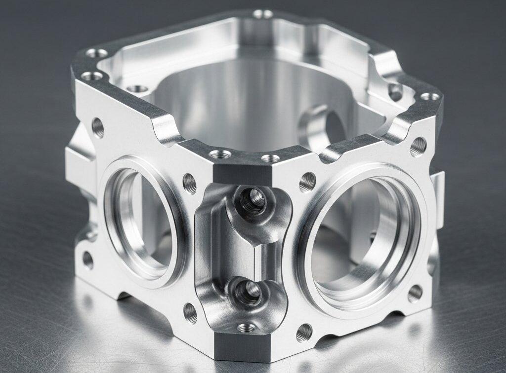 Achieving Precision: Aluminum CNC Machining Tolerance Control & Quality Assurance 10 Ein hochauflößiges, künstlerisches Studiofoto eines perfekt bearbeiteten komplexen Aluminiumteils, möglicherweise ein Luft- und Raumfahrtkomponent oder Gehäuse für medizinische Geräte. Das Bild hebt die filigranen Details, scharfen Kanten, präzisen Löcher und eine makellose, spiegelähnliche Oberflächenbeschaffenheit hervor, die auf einer gebürsteten Metalloberfläche ruhen.