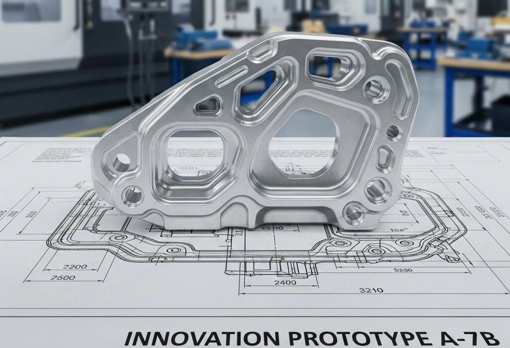 Prototypage Rapide CNC : Raccourcissez votre cycle produit 1 Une image haute résolution d'une pièce prototype métallique élégante, complexe et fraîchement usinée, reposant sur un plan détaillé. L'arrière-plan présente un atelier CNC moderne flou, évoquant l'innovation et la précision manufacturière.
