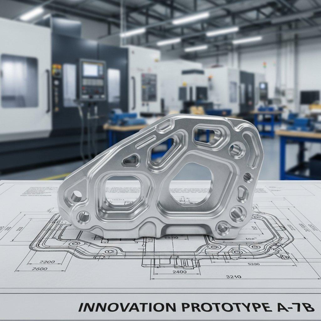 Ein hochauflösendes Bild eines eleganten, komplexen, neu bearbeiteten metallischen Prototypenteils, das auf einem detaillierten Bauplan ruht. Der Hintergrund zeigt eine verschwommene moderne CNC-Werkstatt, die Innovation und Fertigung präzise vermittelt.