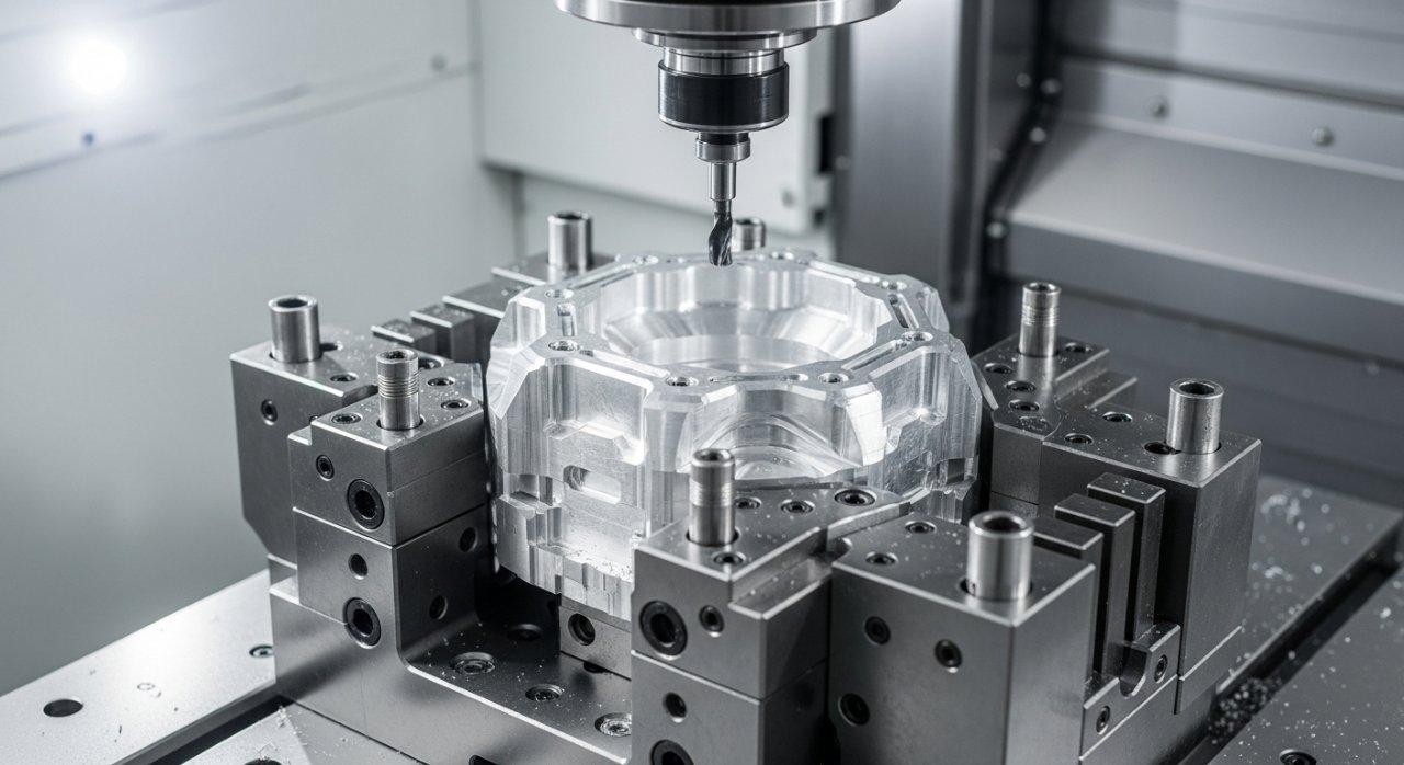 Bir CNC makinesinin çalışma alanını gösteren yüksek çözünürlüklü fotoğraf, özel, sağlam ve hassas mühendislik ile tasarlanmış tutucu sisteminin güvenli bir şekilde bir parçayı tuttuğunu gösterir.