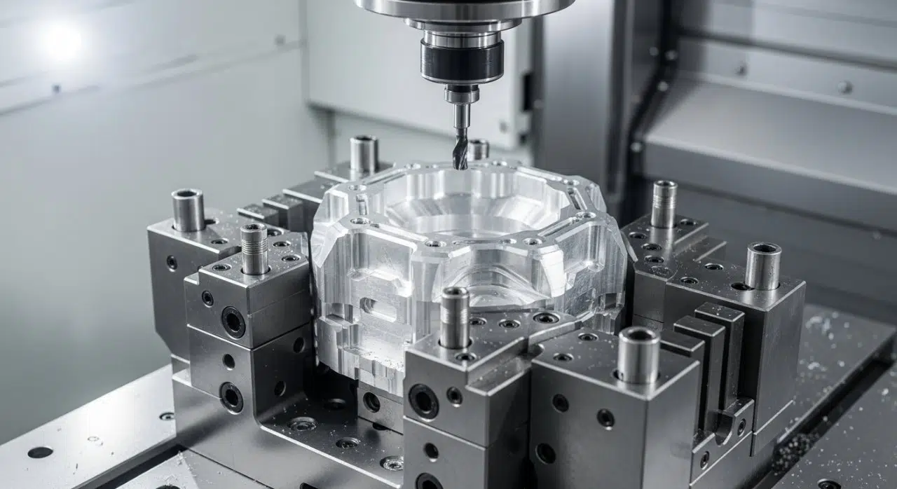 Bir CNC makinesinin çalışma alanını gösteren yüksek çözünürlüklü fotoğraf, özel, sağlam ve hassas mühendislik ile tasarlanmış tutucu sisteminin güvenli bir şekilde bir parçayı tuttuğunu gösterir.