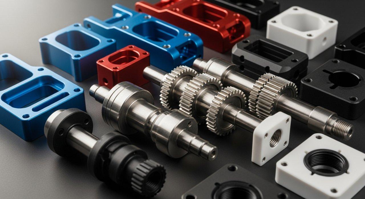 A meticulously arranged collection of diverse, high-precision CNC machined parts for various robot applications. The components showcase intricate geometries, precise surface finishes, and a range of materials including anodized aluminum, polished steel, and engineered plastics, emphasizing manufacturing versatility and commitment to quality.