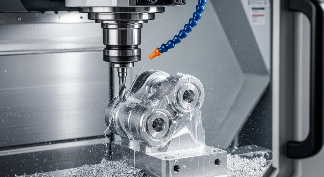 A modern 5-axis CNC milling machine precisely machining a complex metal robot joint component from an aluminum block. Coolant flows as a high-speed tool carves an intricate curve, emphasizing the dynamic industrial process and precision engineering.