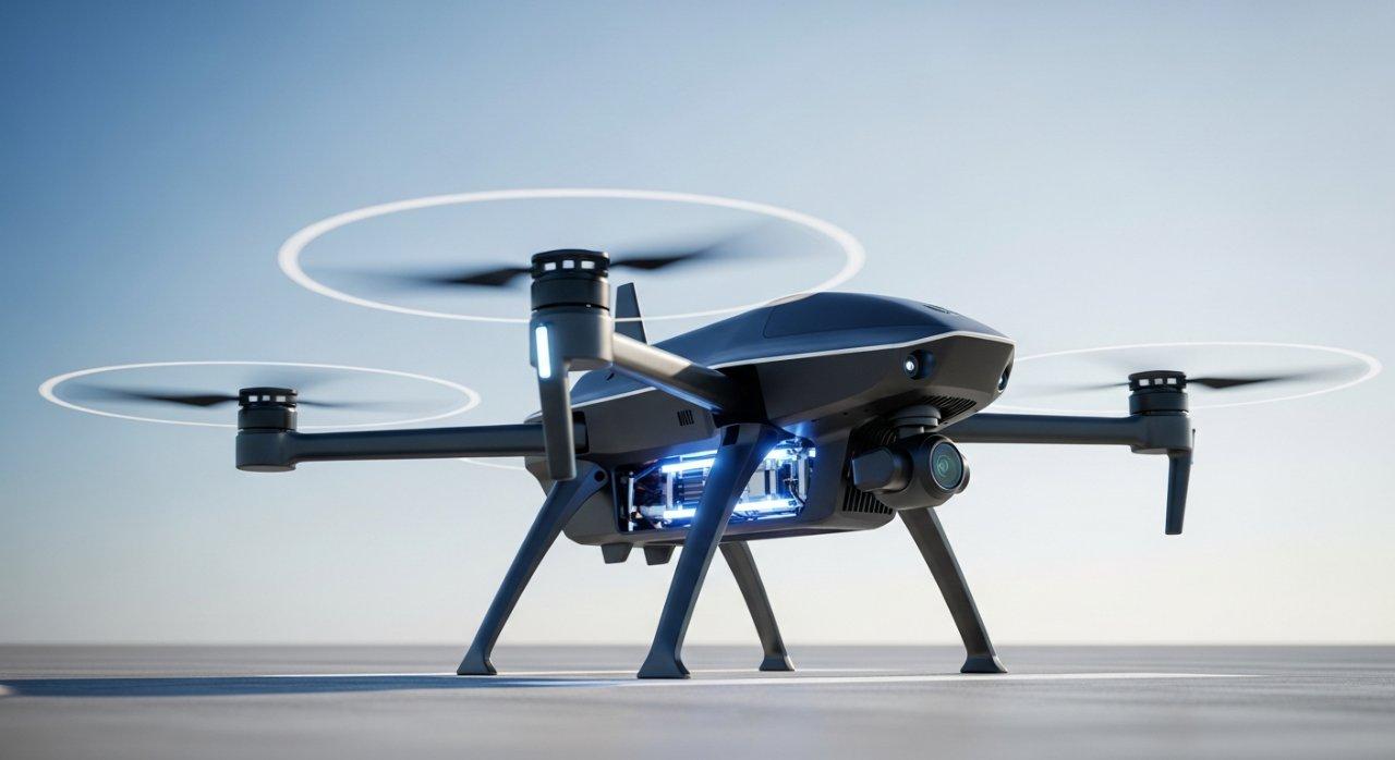 Parlak, açık gökyüzüne doğru tam olarak kalkış yapan modern, şık bir drone; karmaşık tasarımı, yüksek performanslı uçuş için istikrar, güvenilirlik ve hassas mühendisliği öneriyor.
