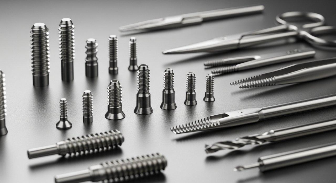 Sorgfältig angeordnete Sammlung hochpräziser Miniatur-Medizinprodukte, einschließlich Knochenschrauben, Zahnimplantate und chirurgisches Instrumenten-Spitze