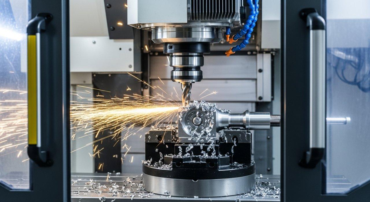 Una herramienta de corte potente que trabaja activamente en una pieza de metal duro dentro de un centro de mecanizado CNC de alta gama y múltiples ejes. Se generan chispas brillantes y virutas metálicas precisas, mostrando la estructura robusta de la máquina, el husillo potente y la rigidez excepcional para la ingeniería de precisión y la fabricación industrial.