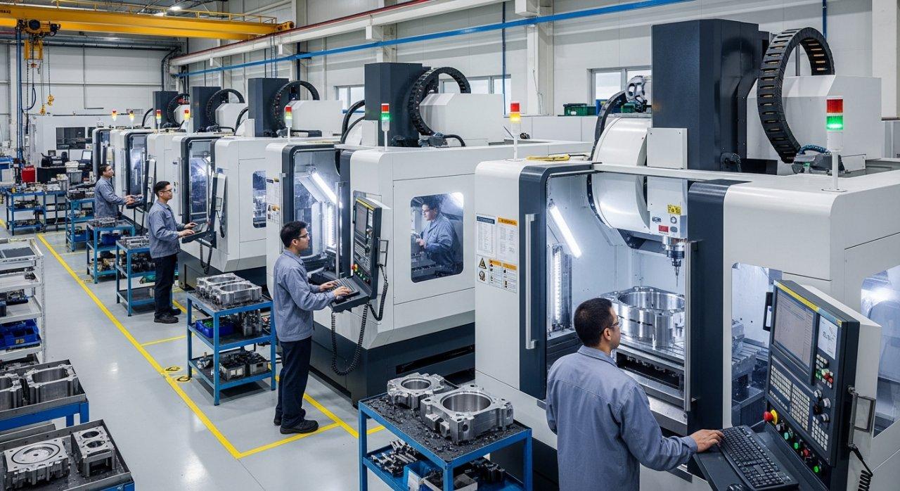 A pristine, organized factory floor showcasing multiple state-of-the-art 5-axis CNC machines actively performing high-tech precision manufacturing, with skilled engineers meticulously monitoring the ongoing processes.