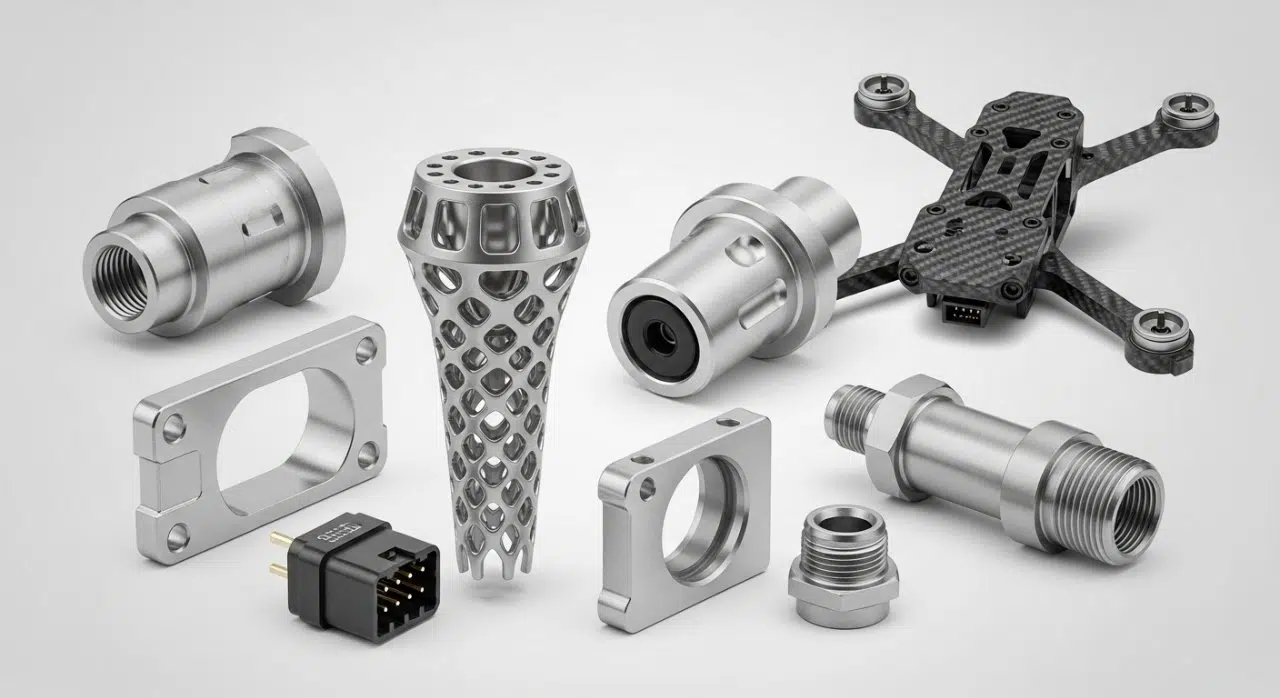 Farklı yüksek hassasiyetli CNC işlenmiş parçaları sergileyen ürün kolaj görüntüsü, tıbbi implant, otomotiv sensör muhafazası, drone bileşenleri gibi çeşitli ürünleri içermektedir.