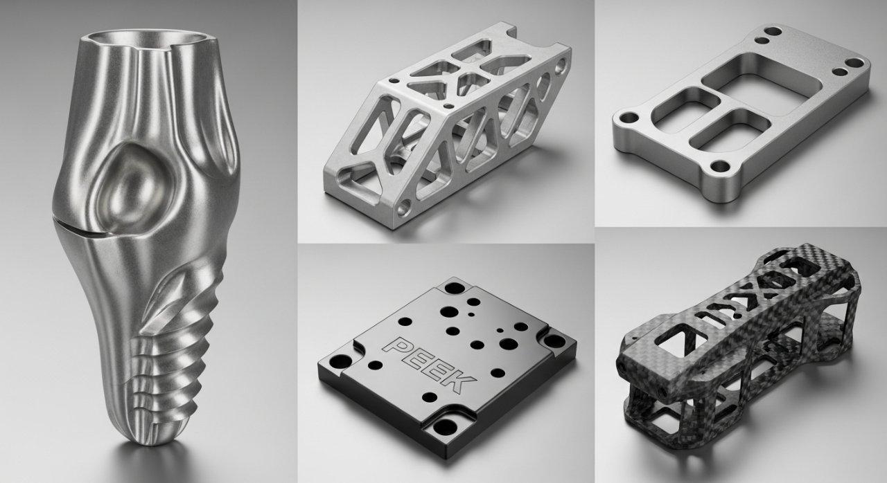 Collage de colección de productos que muestra piezas mecanizadas con alta precisión hechas de materiales diversos. Los componentes destacados incluyen un implante médico de titanio, un soporte aeroespacial de aluminio, un componente electrónico de PEEK y un marco de dron de fibra de carbono, todos con detalles intrincados y acabados suaves.