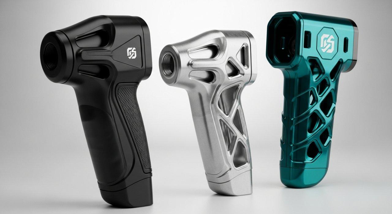 Una imagen de colección de productos que presenta tres carcasas de pistola de masaje personalizadas de CNC de alta calidad. Una es elegante, anodizada en negro con recortes complejos, otra tiene un acabado en plata cepillada, y la tercera es de un color personalizado vibrante. Cada carcasa muestra diseños diversos, detalles intrincados y acabados superficiales impecables, destacando la calidad superior y la variedad en componentes de pistolas de masaje de ingeniería de precisión.