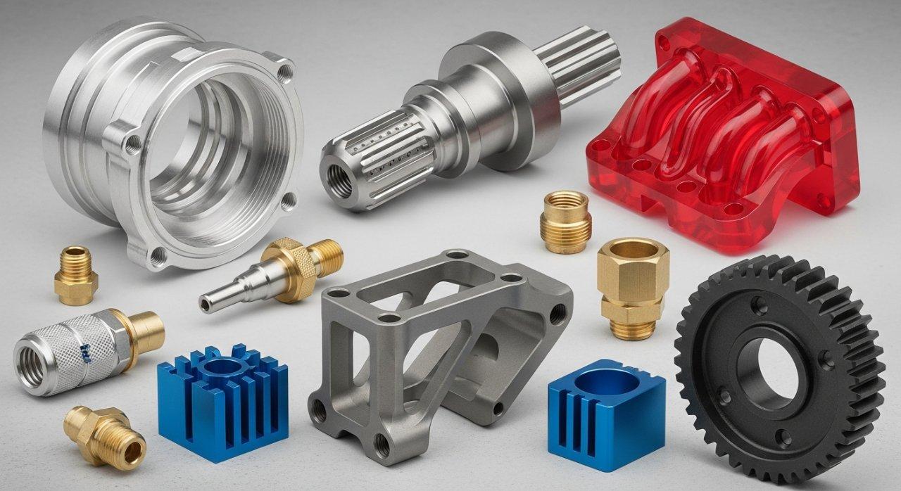 Ein Produktkollektion-Bild, das eine vielfältige Auswahl an hochpräzisen CNC-gefertigten Teilen zeigt. Die Collage enthält Komponenten aus verschiedenen Materialien