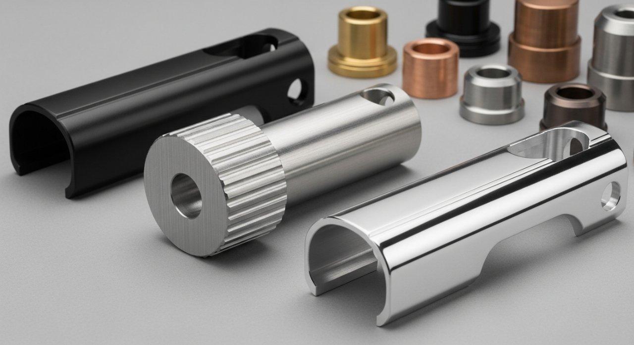 Farklı malzemelerden yapılmış çeşitli CNC işlenmiş parçaları sergileyen ürün koleksiyonu görseli. Parlak, yüksek parlaklığa sahip alüminyum fascia tabanca kabuğu, şık mat siyah ABS kabuk ve hassas bir şekilde fırçalanmış paslanmaz çelik bileşeni içerir, farklı dokularını ve yüzey kaplamalarını vurgular.