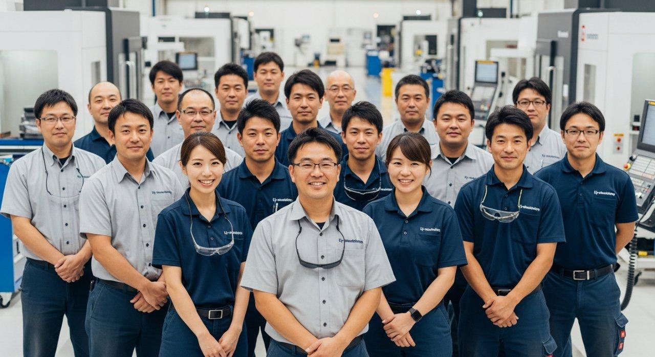 A professional, clean photograph of Ly-machining's expert team of engineers and technical staff smiling confidently on the factory floor, ready to assist with their advanced CNC machining capabilities. Blurred CNC machines in the background emphasize their operational environment, conveying both expertise and approachability.