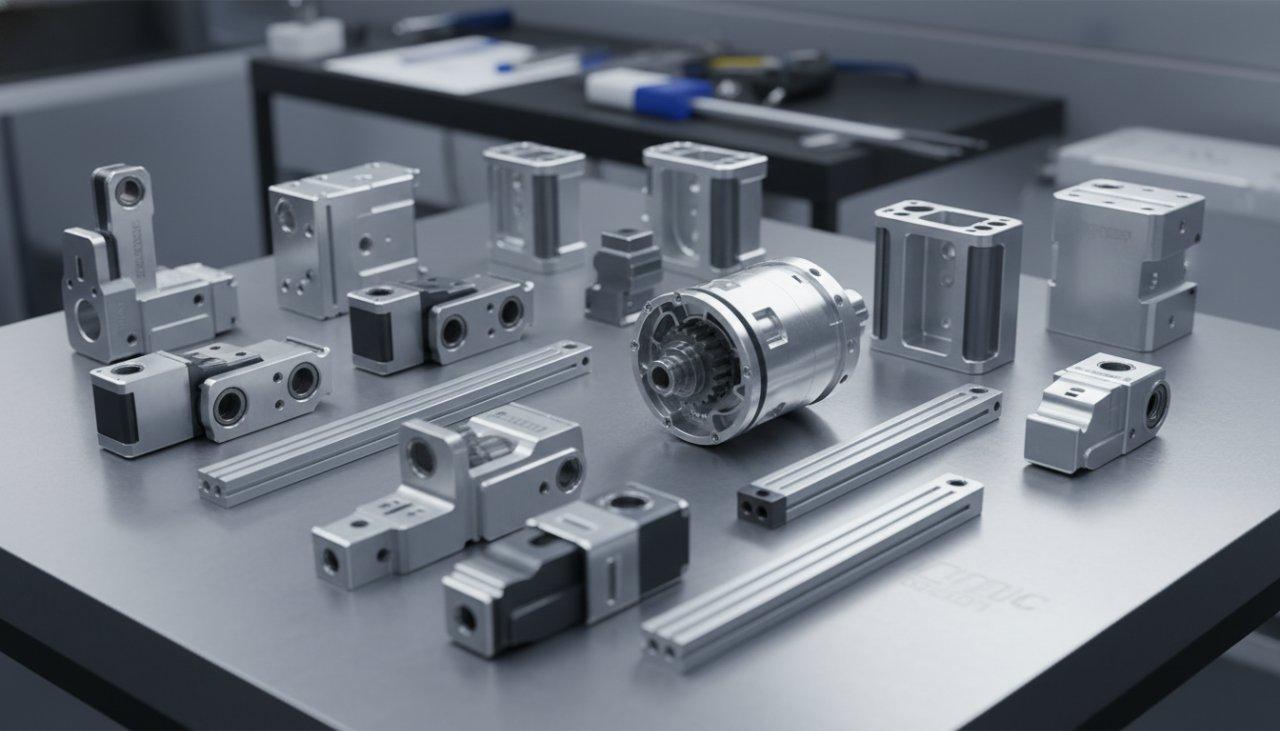 Eine professionelle Sammlung hochpräziser CNC-gefräster Aluminium-Roboterkomponenten, die vielfältige Geometrien, filigrane Details und vorbildliche Oberflächenfinishs auf einer sauberen Oberfläche präsentieren.