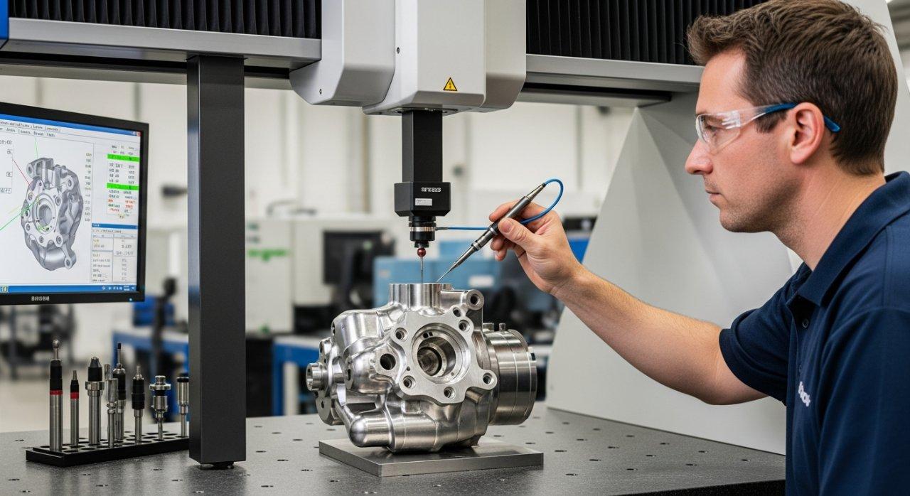 Un ingénieur professionnel opère méticuleusement une Machine de Mesure de Coordonnées (MMC) pour effectuer une inspection de haute précision sur une pièce métallique complexe