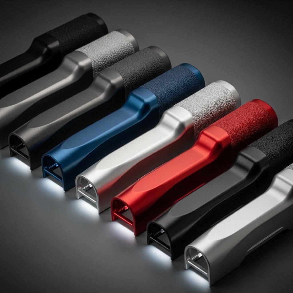 Profesyonel, yüksek açıdan stüdyo çekimi, şık, anodize alüminyum ve dokulu plastik fascia tabanca kabuklarının bir araya getirildiği görüntüleri sergiliyor. Hassas işlenmiş muhafazalar ergonomik eğrilere sahip ve çeşitli renkler ve yüzeylerle sunulmuş, ince aydınlatma ile üstün kalite ve tasarım vurgulanıyor.