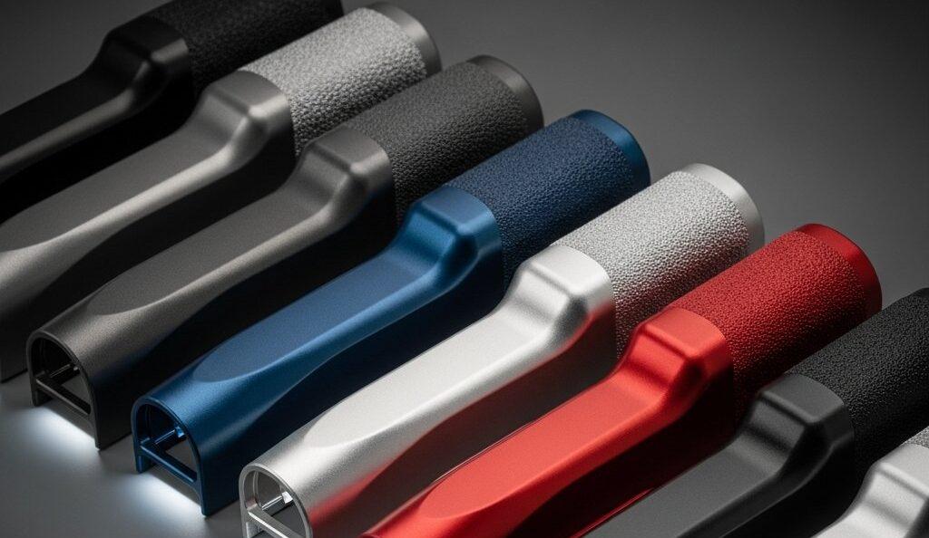 CNC Fascia Tabanca Kabuk Maliyet Kontrolü: Şeffaf İşleme İçin DFM Stratejileri 1 Profesyonel, yüksek açıdan stüdyo çekimi, şık, anodize alüminyum ve dokulu plastik fascia tabanca kabuklarının bir araya getirildiği görüntüleri sergiliyor. Hassas işlenmiş muhafazalar ergonomik eğrilere sahip ve çeşitli renkler ve yüzeylerle sunulmuş, ince aydınlatma ile üstün kalite ve tasarım vurgulanıyor.