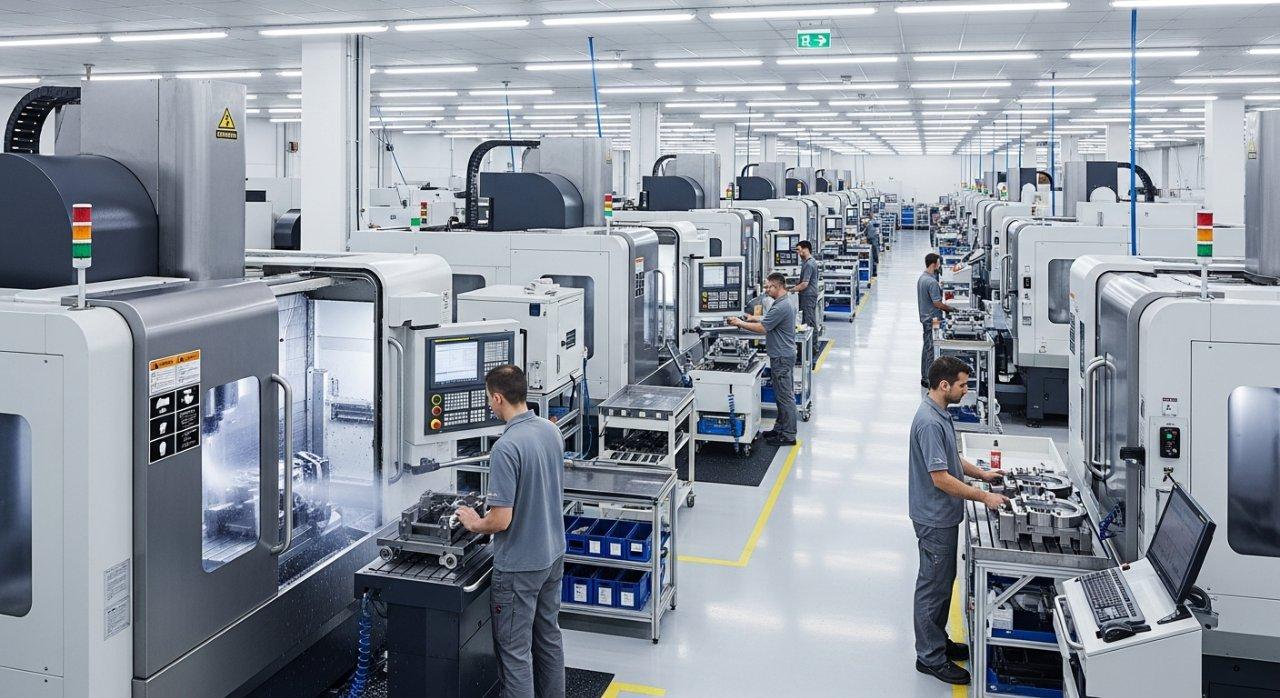 Une photo professionnelle du sol de l'usine de usinage, mettant en avant plusieurs machines CNC de haute précision en activité. Les techniciens surveillent attentivement l'environnement de fabrication propre, reflétant l'échelle de l'entreprise, son expertise avancée et son engagement envers la qualité.