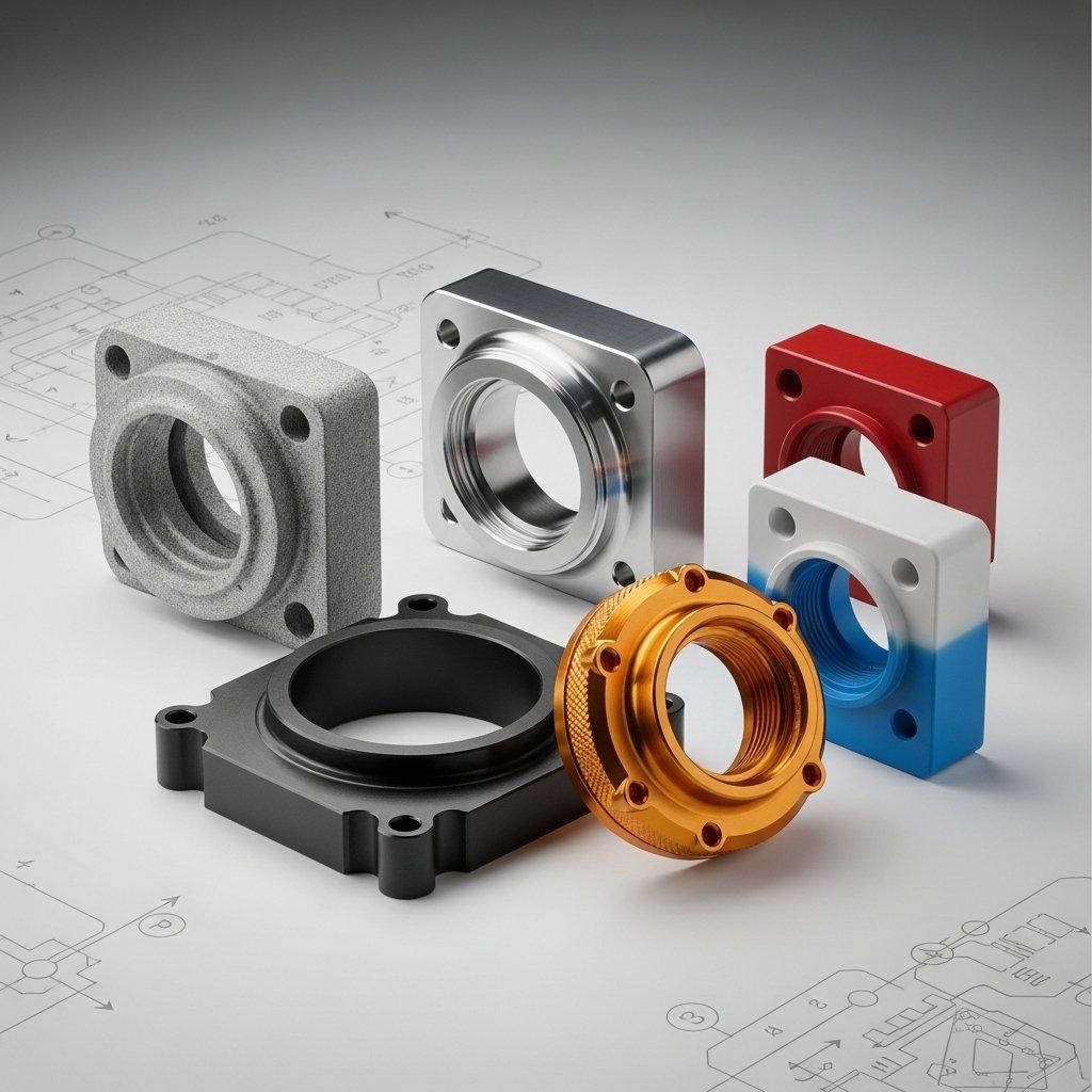 Ein professionelles Studiofoto, das verschiedene CNC-gefertigte Rapid Prototypen zeigt, jeder mit einer einzigartigen Oberflächenbehandlung, einschließlich mattem Glasperlenstrahlen, glo