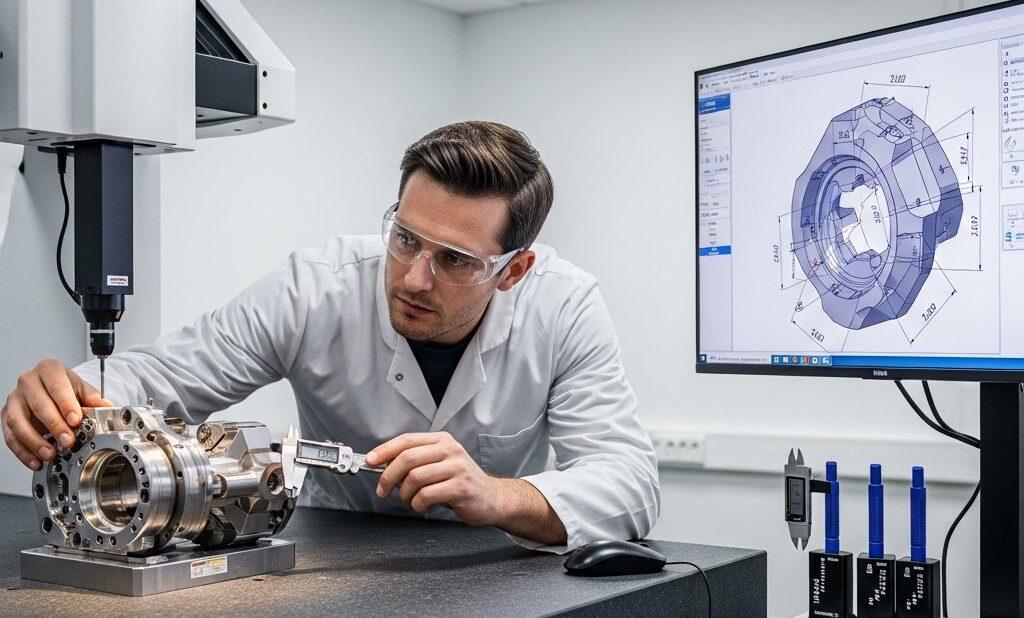 Un ingeniero de control de calidad inspecciona meticulosamente una pieza compleja de alta precisión mecanizada por CNC utilizando equipos de metrología avanzados como un potente microscopio o CMM en un laboratorio de inspección estéril y bien iluminado. Los dibujos técnicos visibles en un monitor en el fondo enfatizan los rigurosos procesos de garantía de calidad y la experiencia en la fabricación.