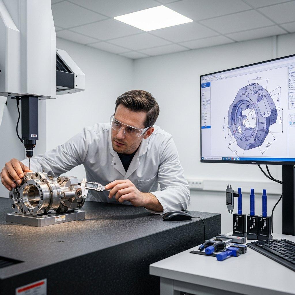 Kalite kontrol mühendisi, gelişmiş ölçüm cihazlarıyla karmaşık yüksek hassasiyetli CNC işlenmiş parçayı titizlikle inceliyor.