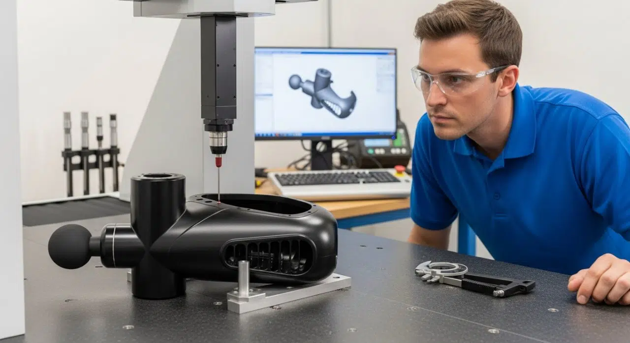 Un technicien de contrôle qualité inspecte méticuleusement un boîtier de pistolet de massage usiné CNC à l'aide d'une machine à mesurer tridimensionnelle (MMT). Le bras de précision de la MMT est montré touchant la pièce, soulignant l'inspection de haute précision et l'assurance qualité dans la fabrication.
