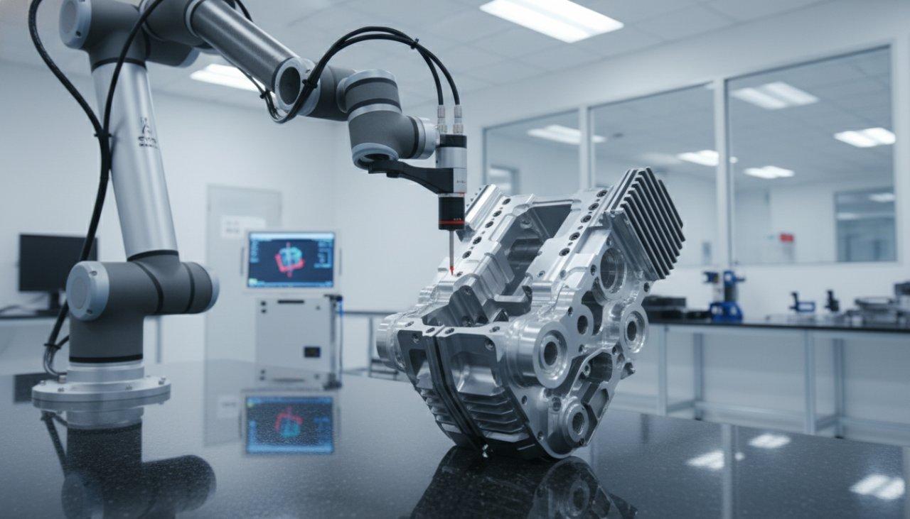 Ein Roboterarm verwendet eine Sonde, um eine detaillierte CMM-Prüfung (Koordinatenmessgerät) an einem komplexen CNC-gefrästen Aluminium-Teil für einen Roboter durchzuführen, angezeigt auf einem Granit-Inspektionstisch in einer sauberen Laborumgebung.