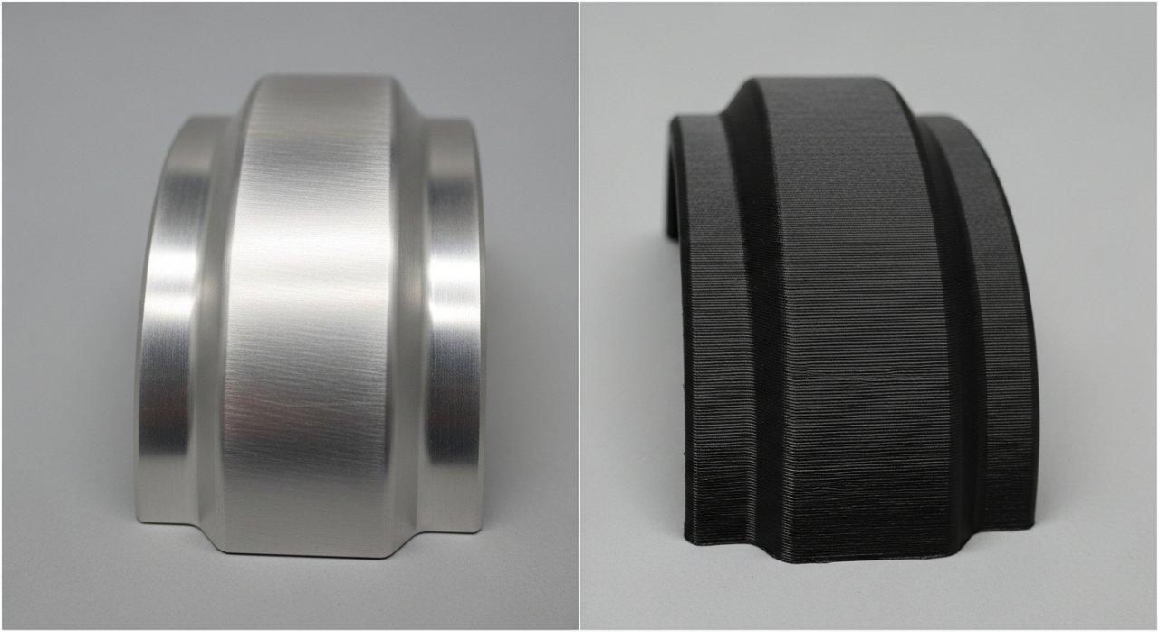 A side-by-side comparison photo collage of two identical prototype parts. The CNC machined metallic part on the left showcases a perfectly smooth, uniform surface, while the 3D printed plastic part on the right clearly exhibits visible layer lines and a rougher texture, emphasizing the stark difference in surface quality and manufacturing precision.