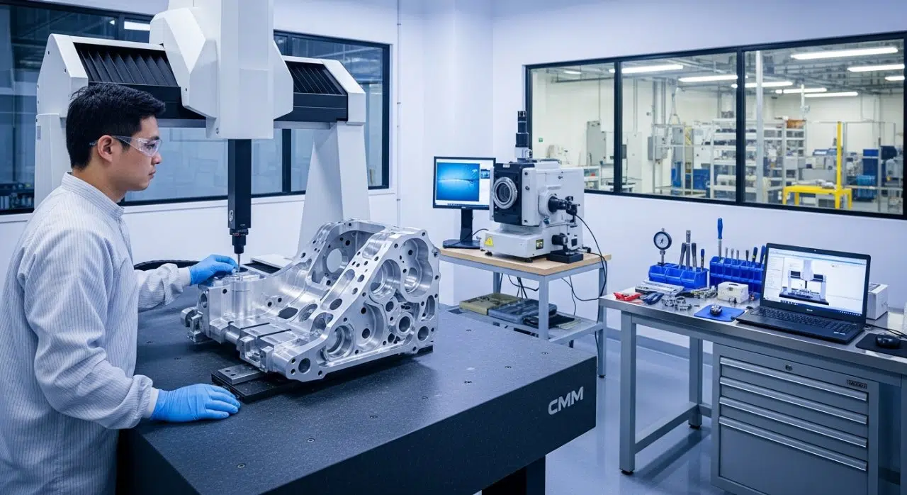 Temiz oda ortamında yetenekli bir teknisyen, gelişmiş ölçüm cihazları, örneğin CMM makinesi kullanarak karmaşık parçayı hassasiyetle ölçüp incelemektedir.