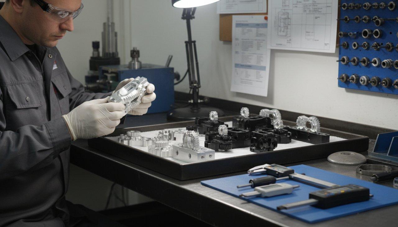 Ein erfahrener Techniker, der Handschuhe trägt, führt eine abschließende Sichtprüfung der fertiggestellten CNC-gefrästen Roboterteile auf einer Werkbank mit sichtbaren Präzisionsmesswerkzeugen durch.