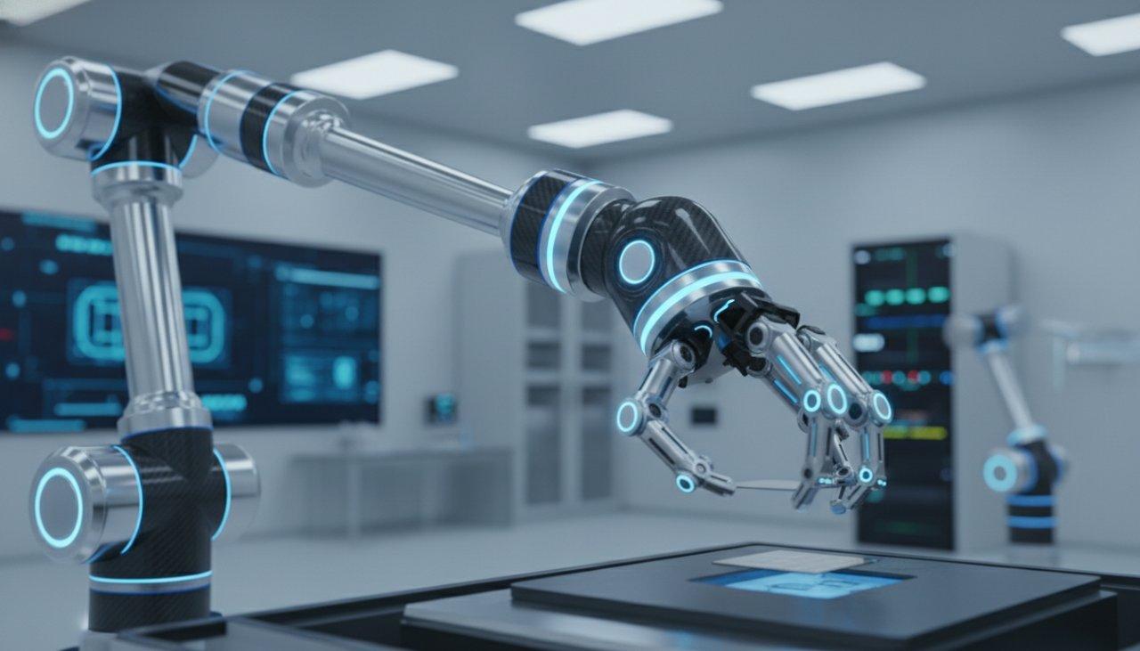 A sleek, advanced futuristic robotic arm meticulously performing a delicate task in a sterile cleanroom environment. Its end effector features sub