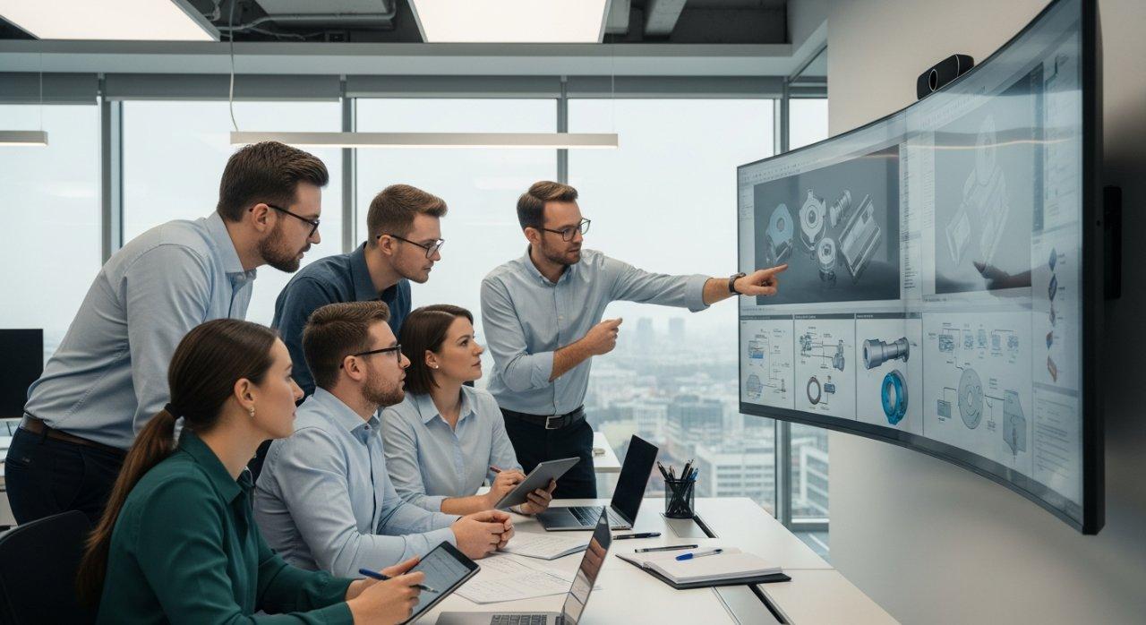 Ein elegantes modernes Büroumfeld, das Ingenieure zeigt, die gemeinsam komplexe CAD-Designs und Fertigungspläne auf einem großen Monitor überprüfen