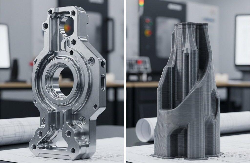 3D Printing vs CNC machining: 3 Key Differences for Rapid Prototyping & Material Selection 1 A split image demonstrating modern manufacturing versatility, featuring a highly precise, intricate CNC-machined metal component on one side, cont