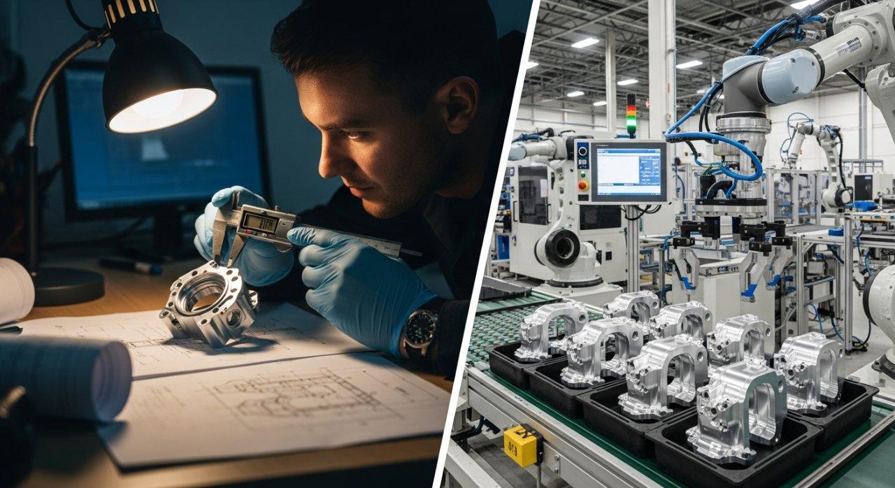 A split image illustrating the manufacturing journey from concept to mass production. On the left, a single, intricate custom CNC prototype part undergoes meticulous inspection. On the right, an automated robotic arm efficiently loads multiple identical, finished custom CNC parts into a tray on a high-volume production line, showcasing the seamless transition from prototype development to scaled manufacturing.