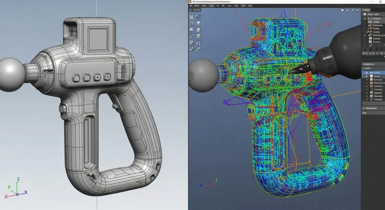 Une image divisée présentant un modèle CAO détaillé d'un boîtier de pistolet de massage complexe d'un côté, avec l'interface du logiciel FAO correspondante de l'autre, affichant des trajectoires d'outils précises et des simulations d'usinage pour une fabrication complexe et une production de haute précision.