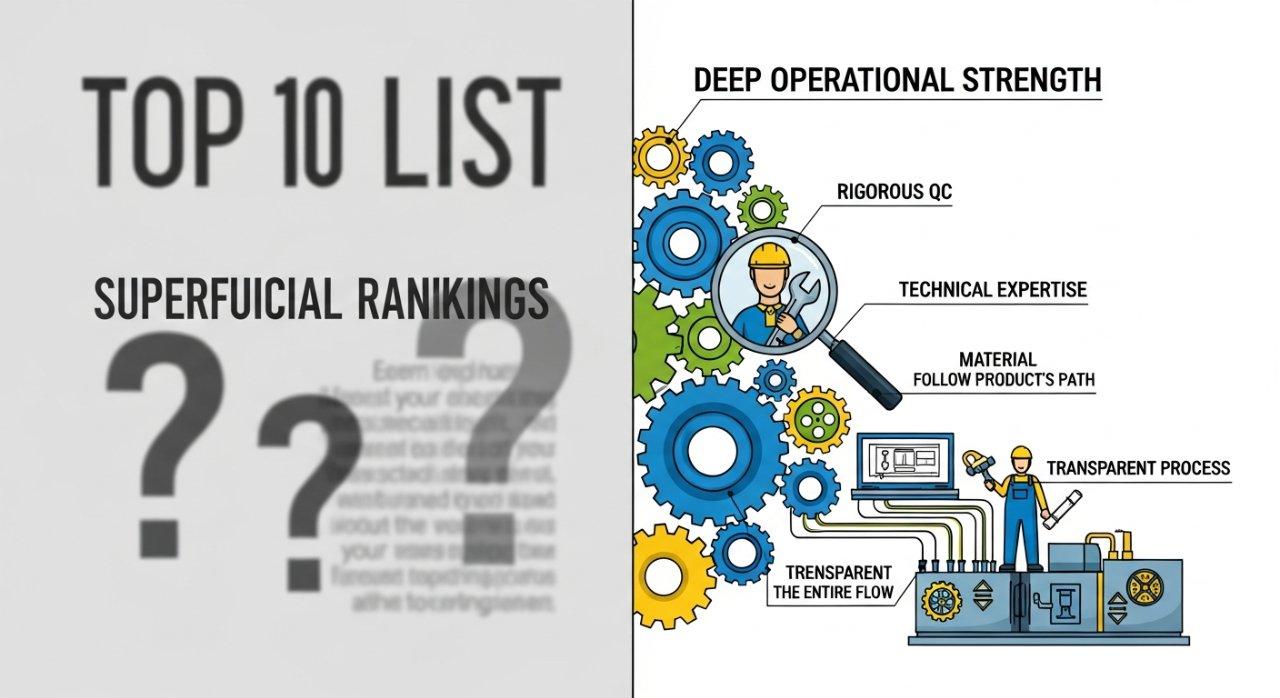 Une infographie divisée contraste les classements superficiels avec la véritable force opérationnelle. À gauche, une "Liste Top 10" floue avec des points d'interrogation représente des métriques peu fiables. À droite, un graphique vectoriel détaillé de engrenages interconnectés et d'un organigramme de fabrication illustre des processus internes robustes avec des étiquettes telles que "Contrôle Qualité Rigoureux", "Expertise Technique", "Traçabilité des Matériaux" et "Processus Transparent", mettant en avant une véritable qualité opérationnelle.