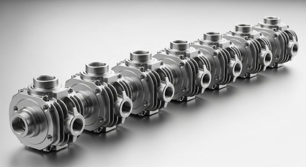 Bir stüdyo aydınlatmasıyla düzenlenmiş, çok sayıda aynı karmaşık CNC işlenmiş parçadan oluşan koleksiyon, yüzeyleri, özellikleri ve hassas boyutlarıyla mutlak bir uyumu sergilemek için düzenlenmiştir. Bu görüntü, yüksek hassasiyetli bileşenler için mükemmel üretim tekrarlanabilirliğini vurgular.