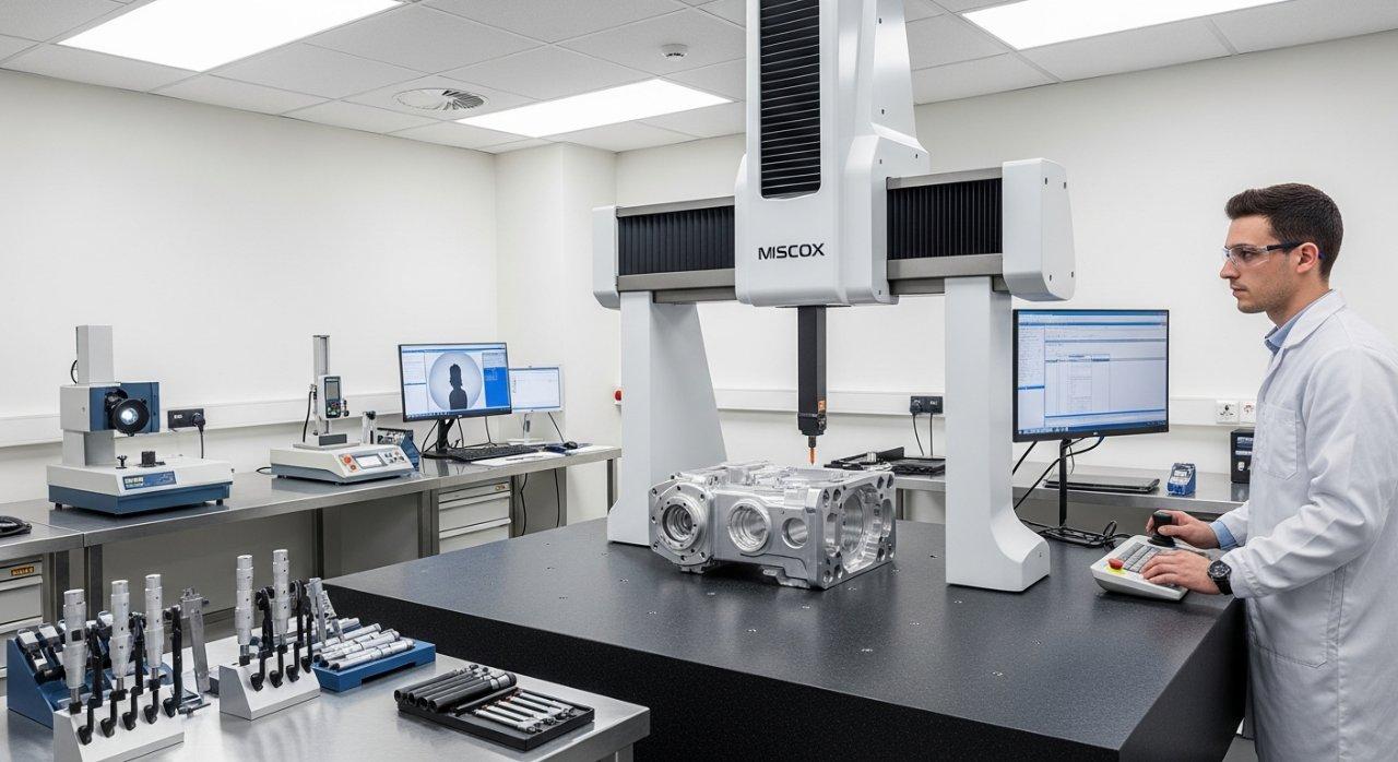 Ein Techniker in einem Laborkittel inspiziert ein präzises CNC-gefertigtes Teil auf einer CMM-Koordinatenmessmaschine in einem sauberen, gut beleuchteten Qualitätssicherungslabor