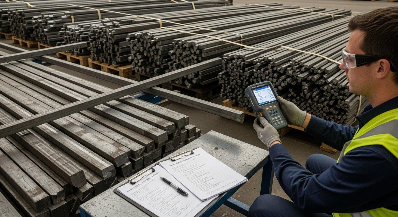 Un técnico utiliza un analizador XRF portátil para verificar la composición de la aleación de una pila de barras de metal en bruto durante la inspección del material entrante en un área de recepción bien iluminada. Los certificados de materiales son visibles en un portapapeles, enfatizando el control de calidad.