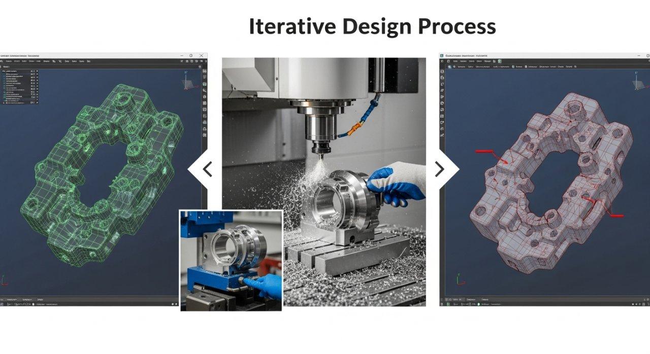 Une infographie en trois panneaux illustrant le processus de conception itératif : 1) un modèle CAD 3D initial, 2) un prototype usiné par CNC en cours de test, et 3) un modèle CAD affiné mis à jour en fonction des retours, démontrant l'itération rapide du développement de produit.