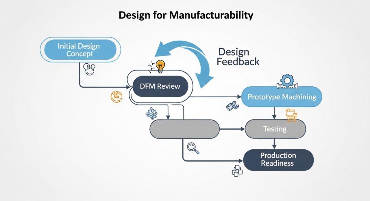 Un diagramme de flux graphique vectoriel illustrant le processus itératif de Conception pour la Fabricabilité (DFM). Il montre des flèches allant de la conception initiale à la fabrication.