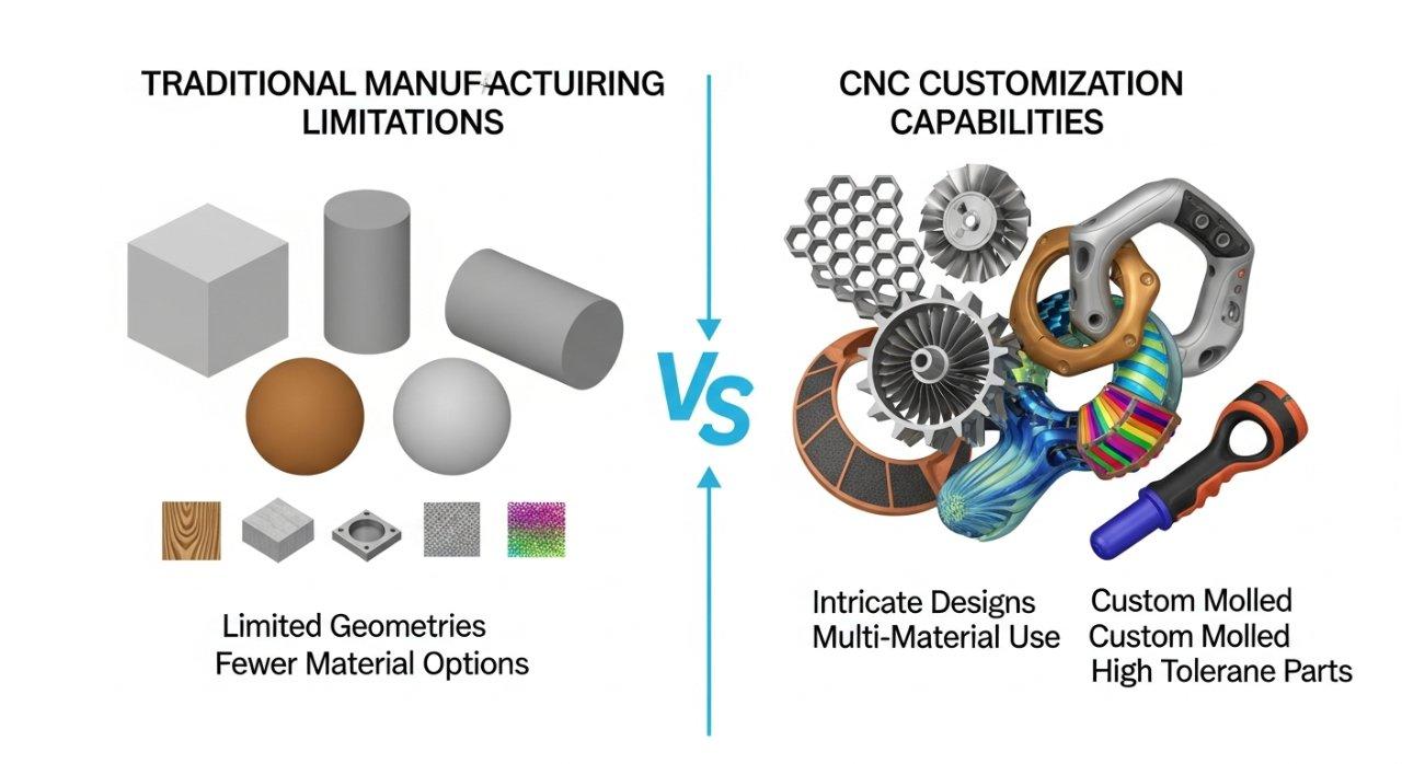 Un gráfico vectorial que ilustra el marcado contraste entre las Limitaciones de la Fabricación Tradicional, mostrando formas simples y genéricas y materiales limitados