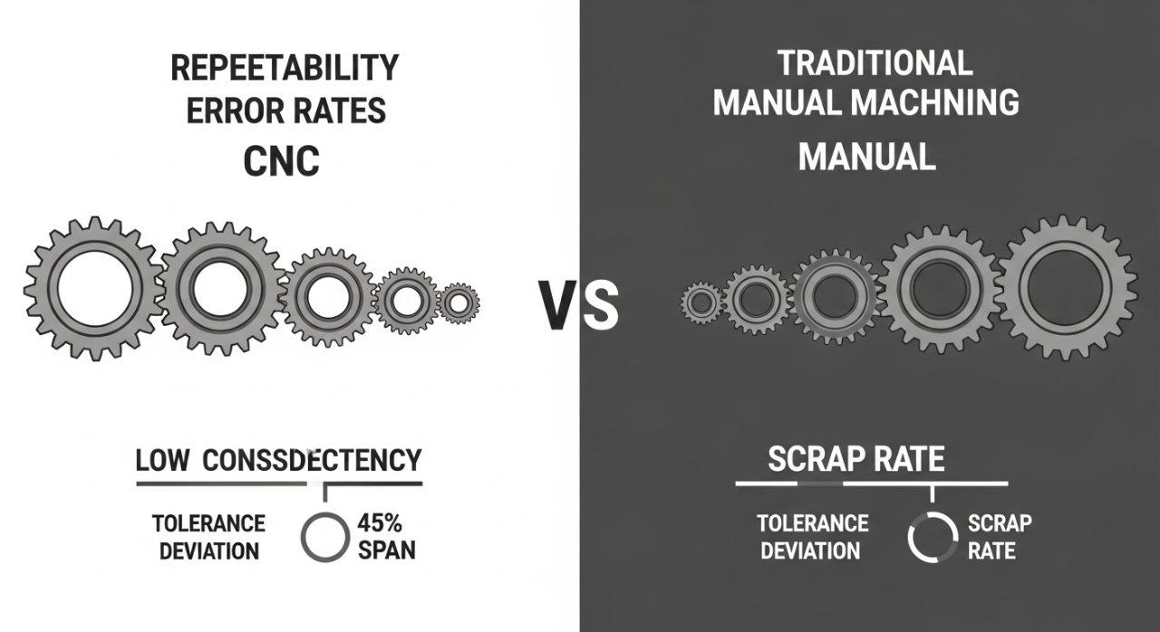 CNC işleme ile geleneksel manuel işleme yöntemlerinin tekrar edilebilirlik ve hata oranlarını karşılaştıran vektör grafik infografiği. CNC yan