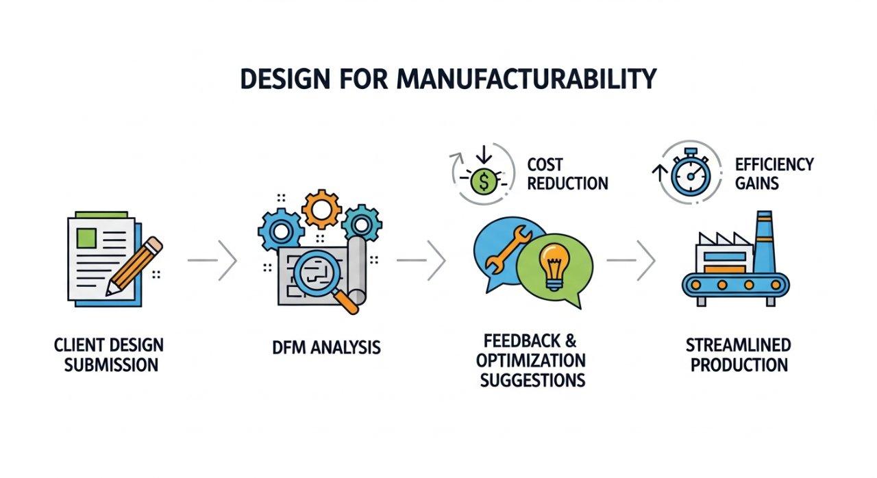 Ein Vektorgrafik-Infografik, die den Workflow des Design for Manufacturability (DFM)-Prozesses zeigt. Es veranschaulicht den Ablauf vom Kundenentwurf