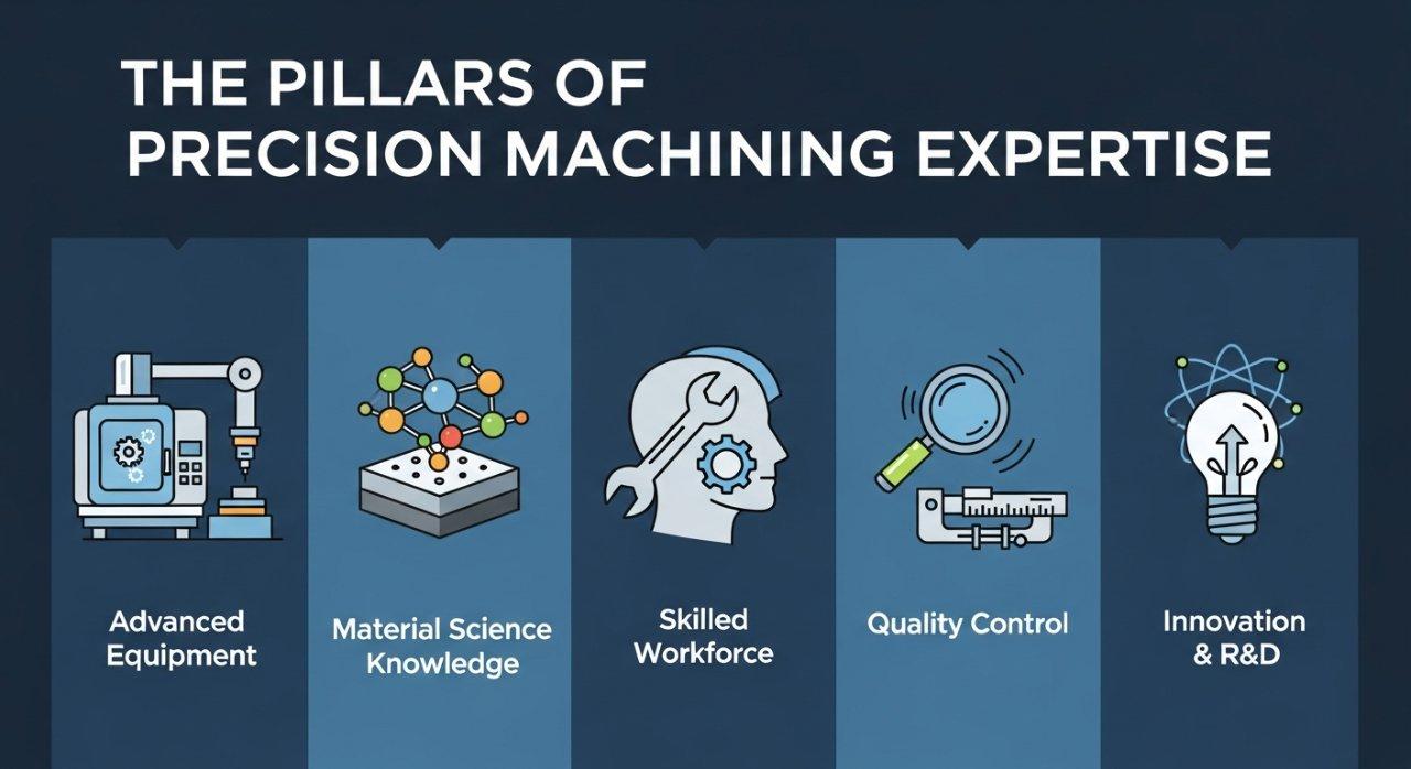 Eine Vektorgrafik-Infografik mit dem Titel Die Säulen der Präzisionsbearbeitungskompetenz, die die fünf Kernkomponenten visuell darstellt: Fortschrittliche Ausrüstung