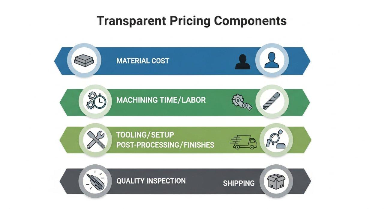 Eine Vektorgrafik-Infografik mit dem Titel Transparente Preisgestaltung Komponenten, die eine klare Aufschlüsselung der typischen CNC-Bearbeitungskosten zeigt. Sie kategorisiert