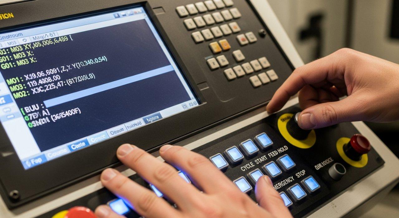 Una toma vibrante en primer plano del panel de control de una máquina CNC que muestra líneas de código G en la pantalla, con las manos de un operador experto realizando movimientos precisos