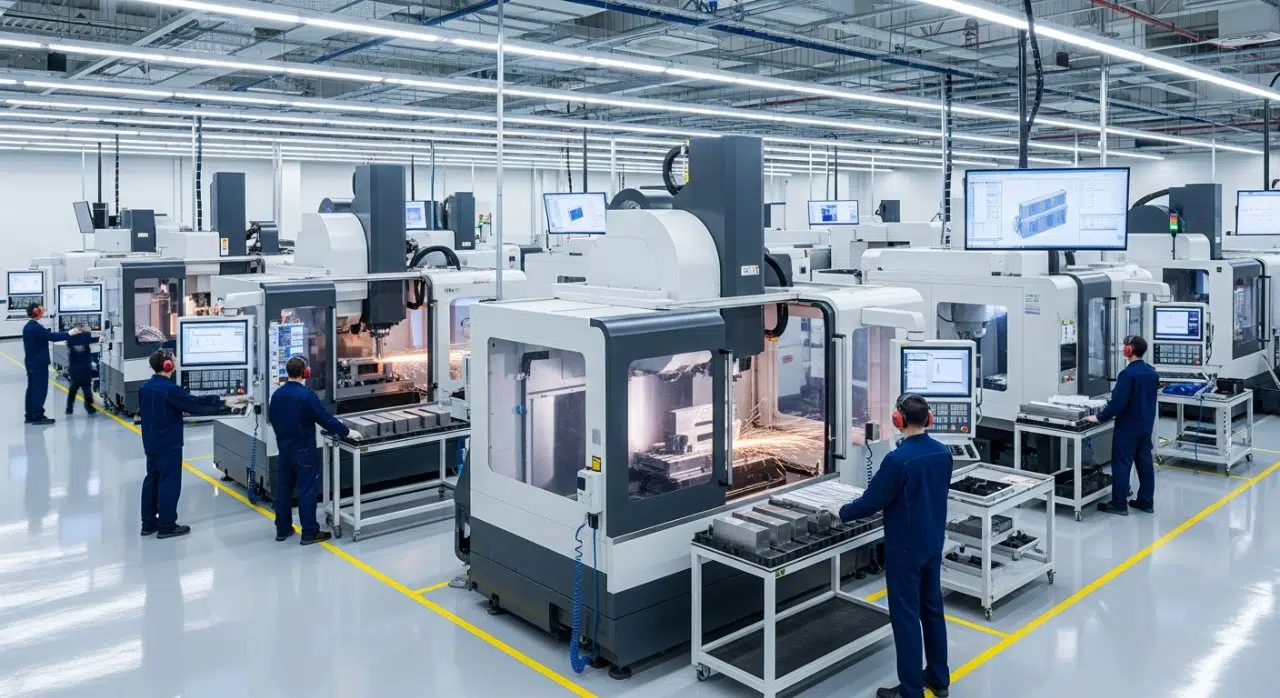 Çeşitli çok eksenli CNC makinelerinin aktif olarak çalıştığı temiz, modern bir CNC işleme tesisi zemininin geniş açılı bir çekimi. Uygun güvenlik ekipmanlarına sahip teknisyenler, yüksek teknoloji üretim sürecini izleyerek üretimde verimlilik ve hassasiyet sağlıyor.